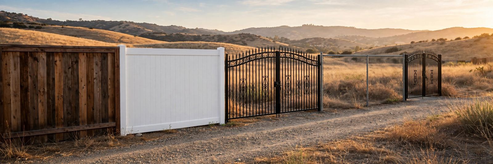 A row of different full-size fences on display outdoors in warm sunlight