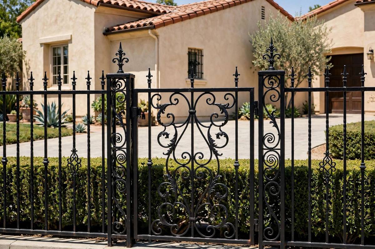 A black ornamental iron fence and entry gate in front of a home