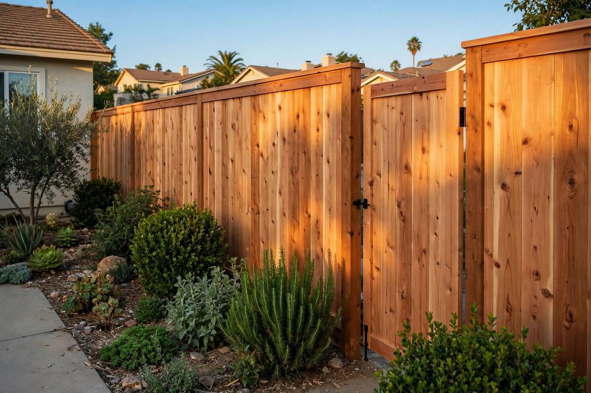 A new cedar wood privacy fence with a matching side gate